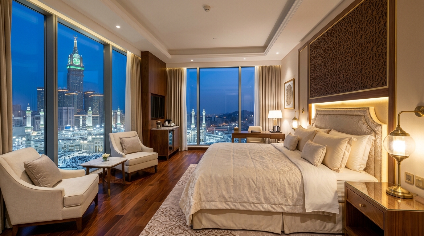 Direct view of the Clock Tower and Grand Mosque minarets from hotel room window