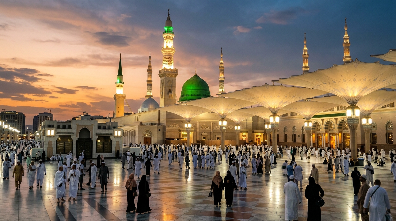 Twilight panoramic view of the Prophet's Mosque in Madinah with open umbrellas and green dome