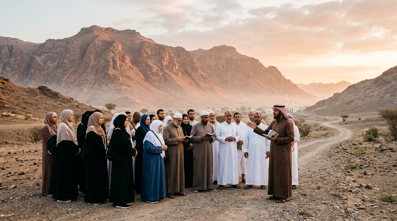 Pilgrims listening attentively to an Islamic scholar on a historical Ziyarat tour near Mount Uhud at sunrise